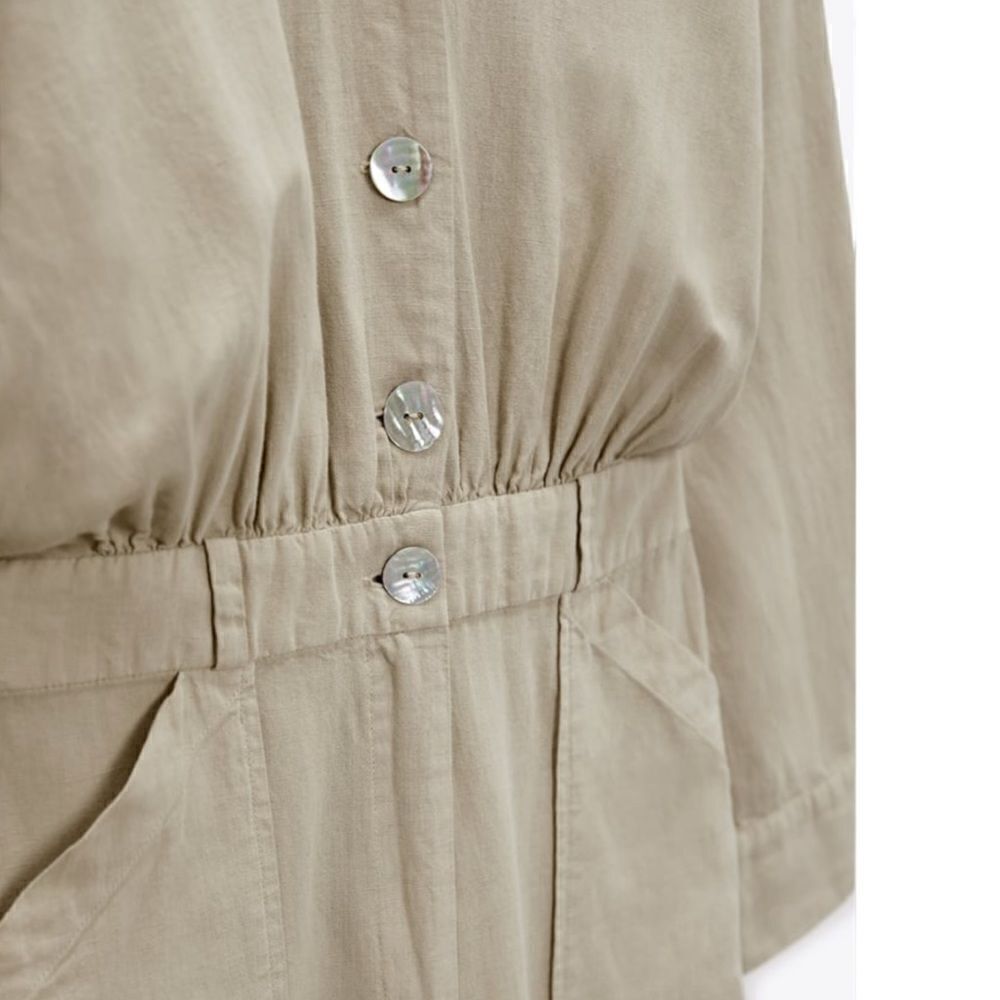 Zara Sand Linen Blend Long Jumpsuit Size M NWT Button Front Wide Leg Romper - Picture 4 of 6